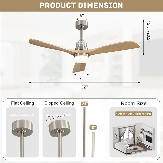 Sofucor 52 Inch Ceiling Fans with Lights and Remote, Solid Wood Indoor Outdoor Ceiling Fan, Quiet Reversible DC Motor, Modern 3 Blade Ceiling Fan for Bedroom Patio Living Room