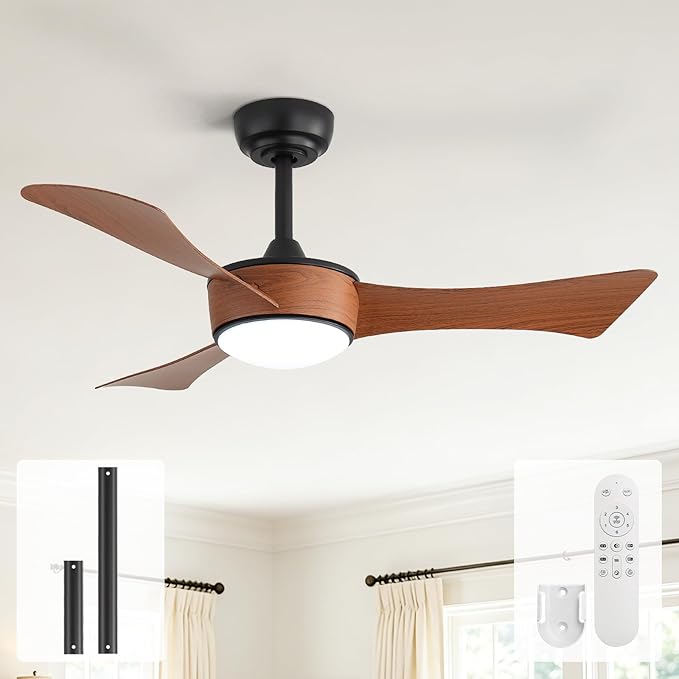 Sofucor 42 Inch Ceiling Fans with Lights-Modern Brown Small Bedroom Ceiling Fan with Remote Control, Plug-in Blades Quick Install, Quiet DC Motor,Outdoor ABS Ceiling Fan for Kitchen/Living Room/Patios