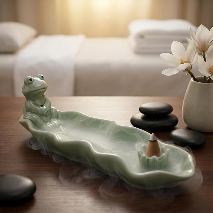 Frog Incense Holder for Sticks, Handmade Ceramic Holder for Burning Sage Sticks, Palo Santo, Cone and Backflow, Incense Burner for Meditation Room Home Decor, Frog Spiritual Gifts for Women