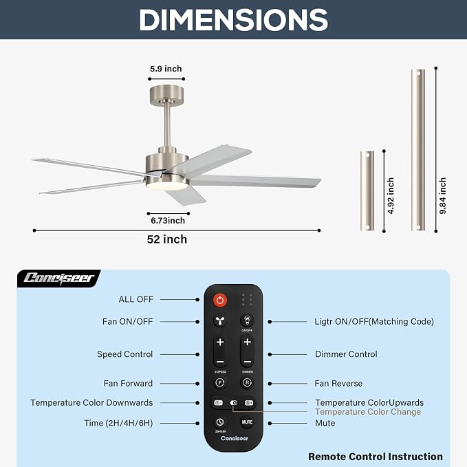 Conciseer 52 Inch Ceiling Fans with Lights and Remote for Bedroom Living Room Kitchen Office, Indoor/Outdoor Use, 3CCT Dimmable, 5 Blades 6 Speed Reversible Quiet DC Motor, Sand-nickel/Silver
