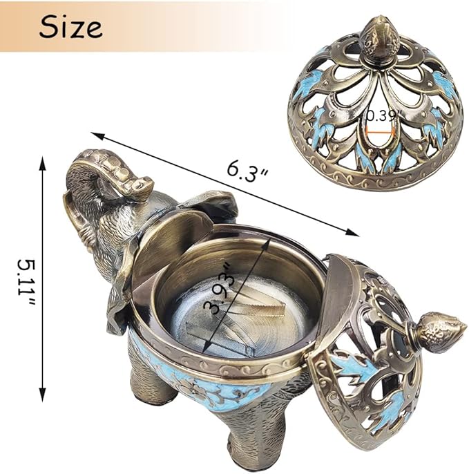 Hourwof Metal Elephant Incense Holder,Vintage Cone Coil Incense Burner with Lid,Ash Catcher,Aromatherapy Ornament Home Office Decor (Light Blue)