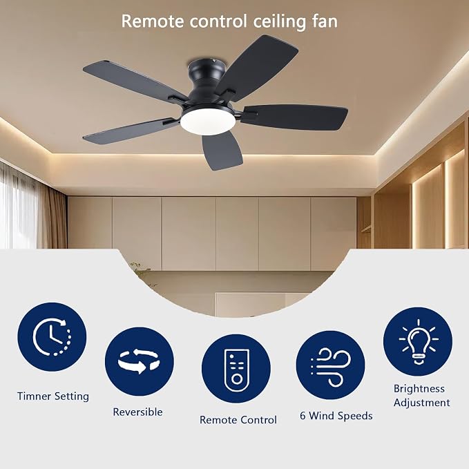 JSAITEE Ceiling Fans with Lights, 42 Inch Low Profile Ceiling Fan with Light and Remote Control, Flush Mount, DC Reversible Motor, Noiseless, Black 6 Speeds Ceiling Fan for Bedroom
