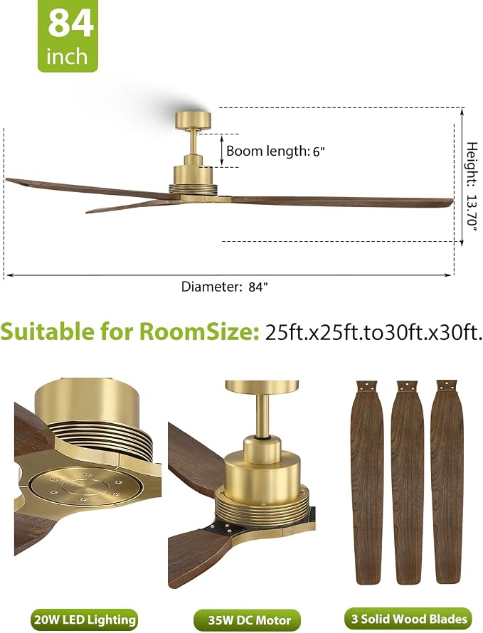 84 Inch Gold Brass Ceiling Fan No Light with Remote, Wood Ceiling Fan No Light, High CFM Quiet DC Motor, Rustic Farmhouse Large Ceiling Fan for High Ceiling, Commercial & Extra Large Spaces