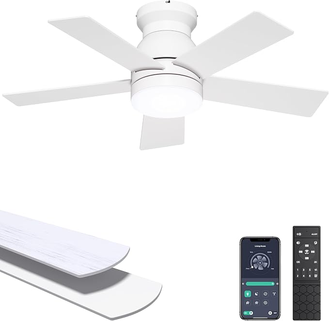 Ohniyou Ceiling Fans with Lights, 32 Inch Low Profile Ceiling Fan with Light and Remote/APP Control, Flush Mount, Dimmable, Quiet DC Motor, White Small Indoor Ceiling Fan for Bedroom, Kitchen