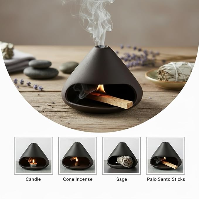 Palo Santo Holder Incense Burner, Sage Sticks Holder, Zongzi Clay Smudge Bowl with Chimney, Mini Cone Ceramic Fireplace for Cedar, Yoga, Sleep, Home Decor, Anxiety Relief Meditation for Women (Black)