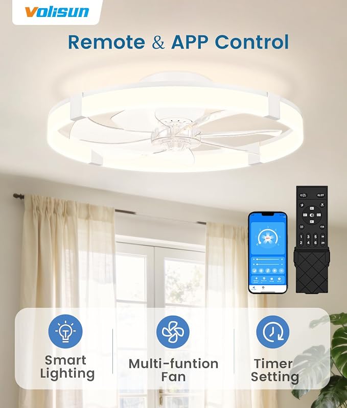 VOLISUN Low Profile Ceiling Fans with Lights and Remote, 23.6in Flush Mount Ceiling Fans with Light, 3000K-6500K Dimmable Fandelier Ceiling Fan, White Bladeless Ceiling Fan for Bedroom