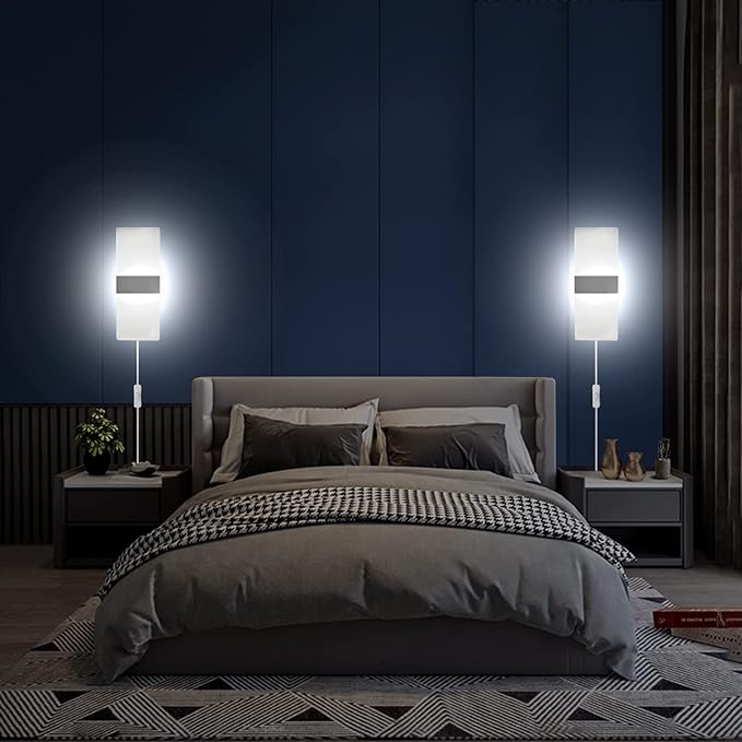 KICAAO Wall Sconces, Modern Wall Sconce Plug in 10W 6000K Cool White Acrylic Wall Lights with 6FT/180cm Plug in Cord and On/Off Switch on The Cord (1 Pack)