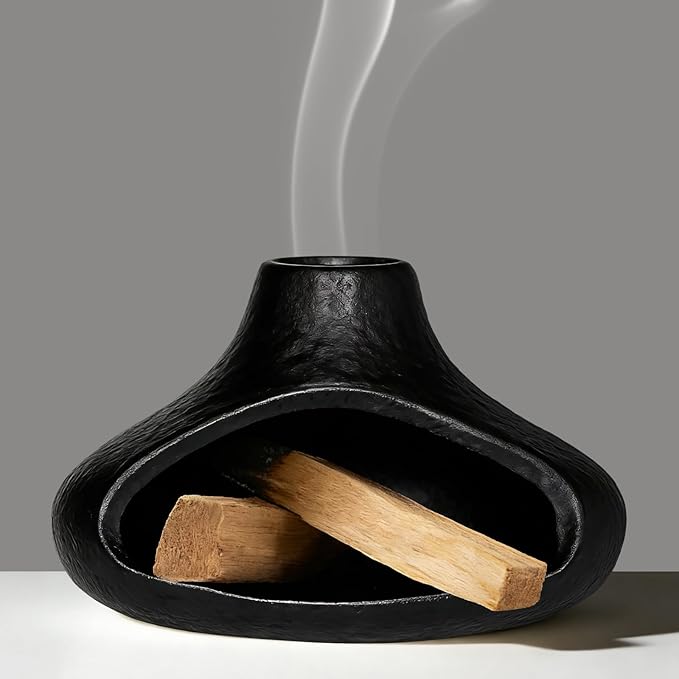 Ceramic Palo Santo Holder with Mini Chimney, Ash Catcher Incense Holder for Palo Santo Sticks, Sage Bundles, Incense Cones, Fireplace Style Smudge Bowl for Meditation, Yoga Home Decor(Black)