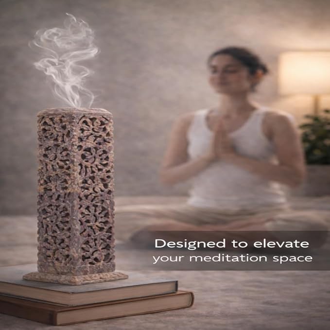 Handmade Stone Incense Stick Holder | Unique King Size Long Tower Burner | Camphore - Tealight - Dhoop Batti - Candles Holder for Yoga, Meditation and Home Decor. (Floral)