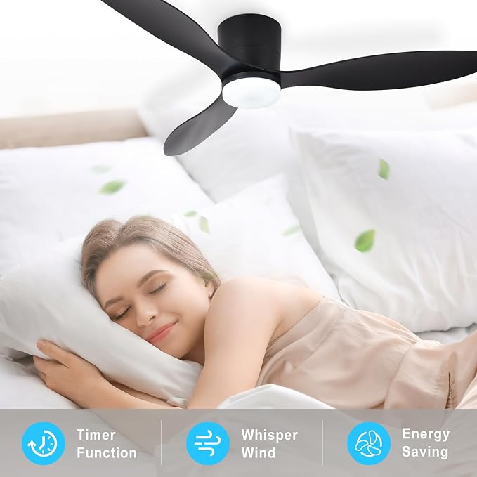 Depuley Flush Mount Ceiling Fan: 52-Inch Black Ceiling Fans with Lights for Bedroom Indoor Outdoor - Low Profile Ceiling Fans with Remote Control 24W 3CCT Dimmable 3 Reversible Black Blades 6 Speeds