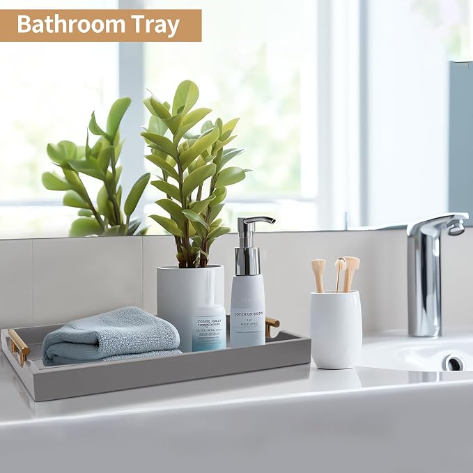 SXNOWS Wooden Serving Tray with 2 Sets of Handles,Gray | 16.5x13 Inch Large Ottoman Tray for Living Room Coffee Table Breakfast in Bed BBQ Party, 4 Round Coasters Included