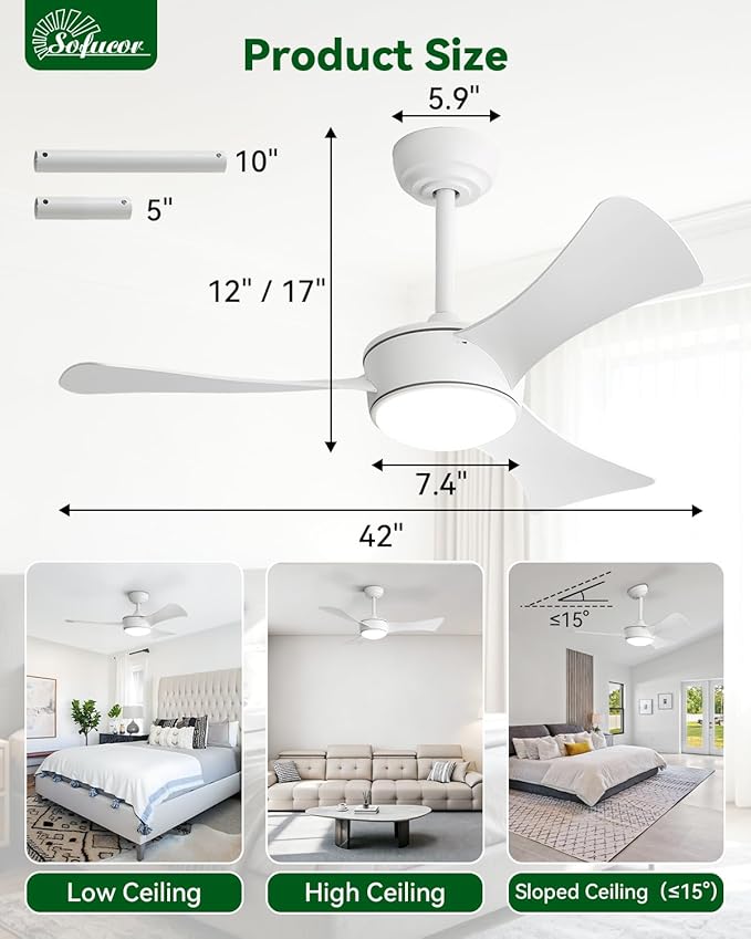 Sofucor 42 Inch Ceiling Fans with Lights-Modern White Bedroom Ceiling Fan with Remote, Plug-in Blades Quick Install, Reversible Quiet DC Motor, Outdoor Small Ceiling Fan for Kitchen/Living Room/Patios