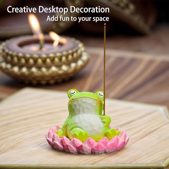 Frog Lotus Incense Holder Cute Animal Figurine Incense Burner Flower Stand Ash Catcher Creative Cartoon Resin Frog Statue for Home Room Decor Meditation Yoga Spa