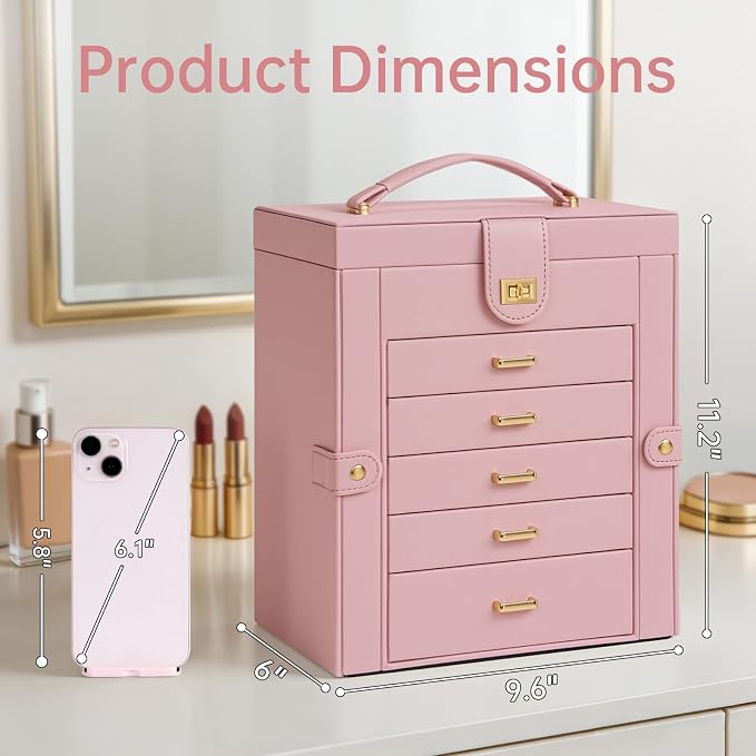 AKOZLIN 6-Tier Jewelry Box Organizer Functional 5 Drawers Leather Jewelry Storage Case for Women Girls Ring Necklace Earring Bracelet Holder Organizer with Mirror Medium Pink