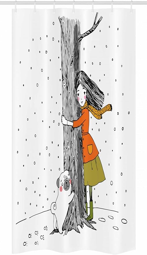 Ambesonne Dog Stall Shower Curtain, Young Girlnd Pug Dog Holding Tree in The Snowy Weather Illustration, Fabric Bathroom Decor Set with Hooks, 36" W x 72" L, White Black