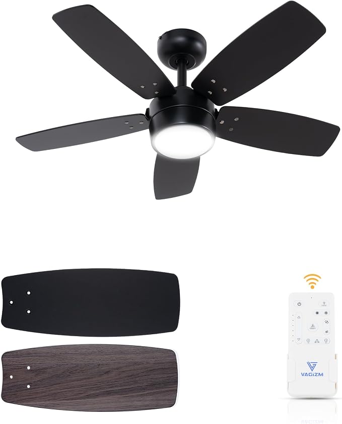 Ceiling Fan 36'' for Small Room Matte Black Modern Fans with Light Remote Control - Reversible Quiet DC Motor Dimmable with 6 Speeds for Bedroom Indoor Use