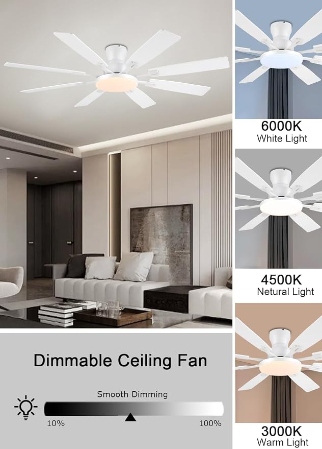 JSAITEE 60Inch Ceiling Fan with Lights Low Profile Flush Mount Woodgrain | Ceiling Fans,DC Reversible Motor Noiseless, 3CCT Dimmable, Dual Finish, 6 Speeds Ceiling Fan for Indoor/Outdoor