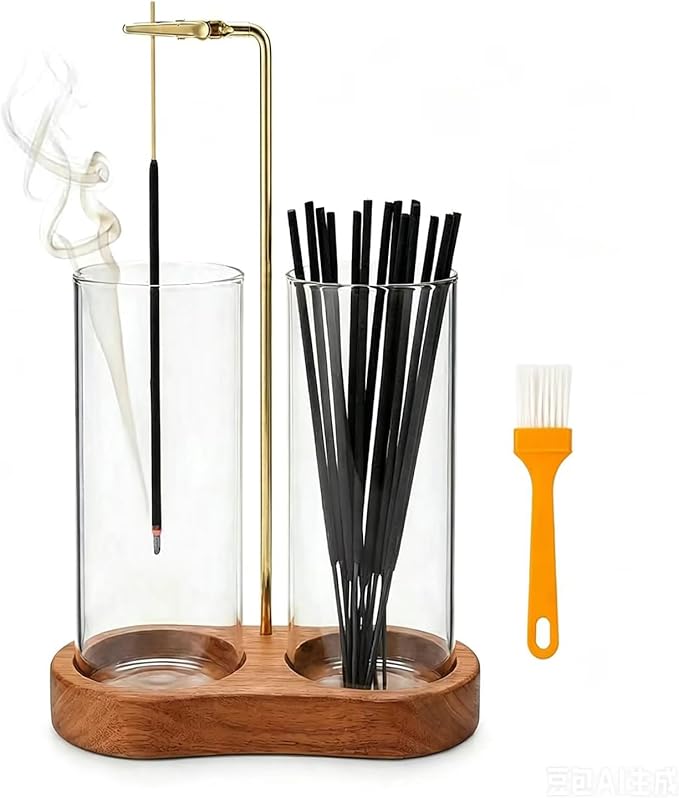 Incense Holder for Sticks with Glass Ash Catcher - Upside Down Anti-Ash Flying Incense Burner & Stick Storage Organizer, Ideal for Meditation, Yoga, Zen Home Decor, Spa Relaxation Gift (Natural Wood)
