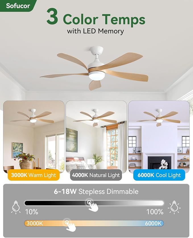 Sofucor 52" Smart Ceiling Fan, Indoor/Outdoor Ceiling Fans with Lights and Remote, Compatible with Alexa/Google/App, 3-Color Light 6-Speed Timing Reversible DC Motor for Bedroom Living Room Patio