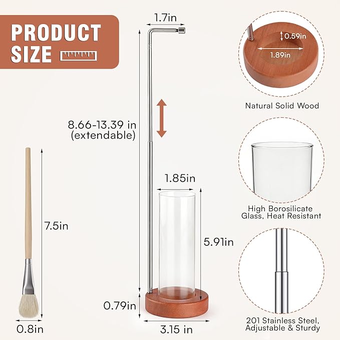 EMETE Incense Holder with Glass Ash Catcher, Retractable Wooden Incense Burner Fits Short, Long & Extra-Long Incense Sticks, Mess-Free Ash Catcher for Meditation Yoga Decor