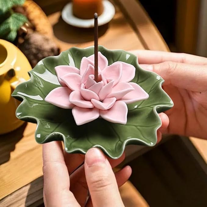 CREATCABIN Lotus Ceramic Incense Holder Incense Burner Stick Detachable Ash Catcher Lotus Leaf Burners Tray for Sticks Home Yoga Teahouse Zen Buddhist Altar Purify Spiritual Supplies Pink 3.54 Inch