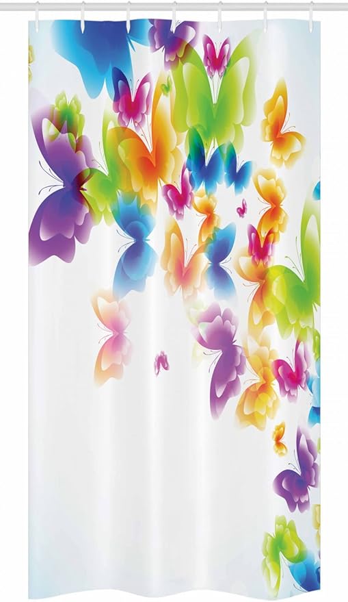 Ambesonne Butterfly Stall Shower Curtain, Group of Butterflies Band in Radiant Rainbow Colors Hope Summer Garden Art Print, Fabric Bathroom Decor Set with Hooks, 36" W x 72" L, Green Yellow