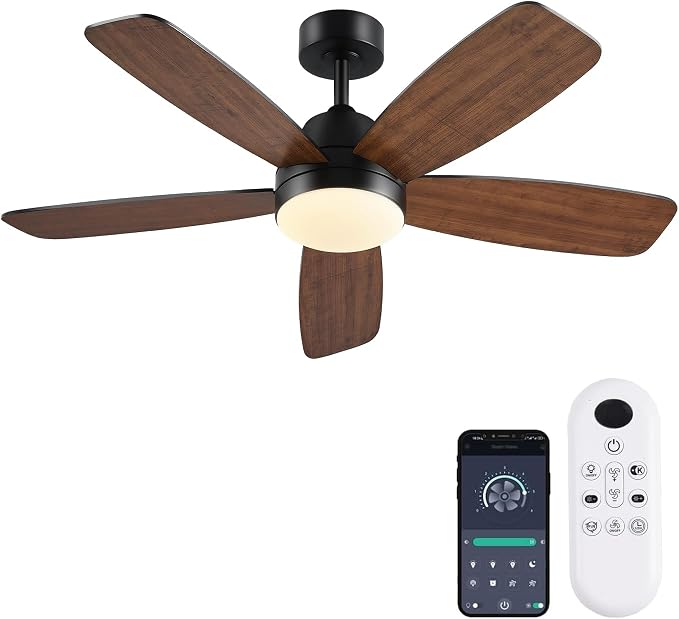 GJeg Ceiling Fans with Lights, 42 Inch Low Profile Ceiling Fan with Lights and Remote Control, LED Dimmable DC Reversible, 8 Speed, Noiseless, Modern Brown Ceiling Fan for Bedroom, Indoor/Outdoor Use