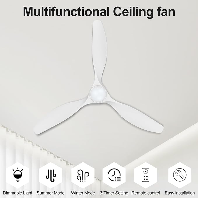 ocioc 52 inch Ceiling Fans with Lights and Remote, Dimmable Ceiling Fans with Reversible Quiet DC Motor, Flush Mount, 3CCT, White Ceiling Fan for Bedroom Living Room Indoor/Outdoor