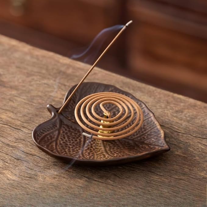 Handmade Ceramic Incense Burner Holder – Leaf Shape Incense Ash Catcher Tray for Sticks & Coil Incense, Zen Meditation Home Decor, Yoga Altar Aromatherapy Gift