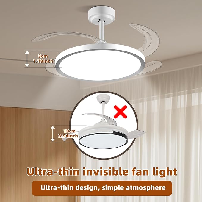 BAYSQUIRREL Slim Retractable Ceiling Fan with Lights and Remote/APP Control, 6 Speed Dimmable Reversible Memory, 42 Inch Modern Silent Smart Fan for Bedroom Living Room Dinning Room