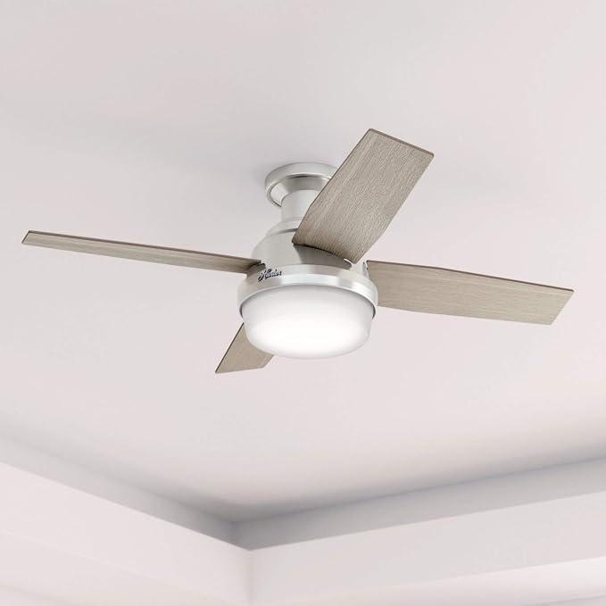 Hunter 44 inch Indoor Ceiling Fan with LED Light and Remote Control - Modern Ceiling Fan, Low Profile Mount, 4 Blades, For Bedroom, Living Room, or Kitchen, Quiet - Dempsey 50282, Brushed Nickel | with LED Light and Remote Control, Low Profile Mount, 4...
