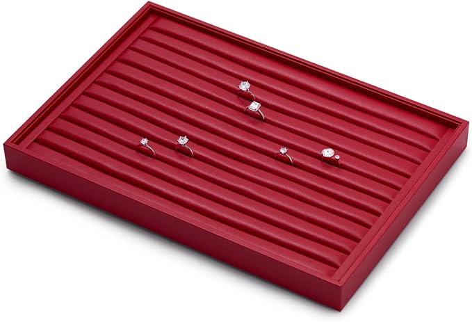Oirlv Red Leather Ring Display Tray | Leather Exterior, Soft Microfiber Interior, Ring Tray with Cushioned Slots, Perfect for Jewelry Display and Storage