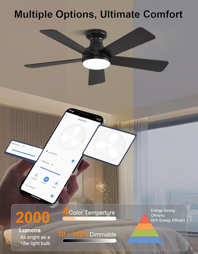 42 inch RGB Ceiling Fan with Light, Voice & App & Remote Control Low Profile Flush Mount Ceiling Fan,6 Speeds Silent Motor, 4-Color Temperature Dimmable for Home Office Party, Black