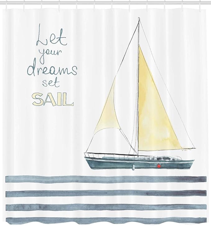 Ambesonne Nautical Shower Curtain, Let Your Dreams Set Sail Words Stripes Yacht Interior Navigation Theme, Cloth Fabric Bathroom Decor Set with Hooks, 69" W x 84" L, Pale Blue White
