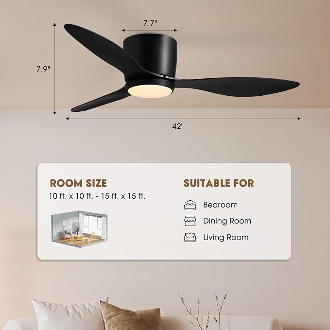 LUDOMIDE Ceiling Fans with Lights,42 Inch Low Profile Ceiling Fan with Wall Control and Remote Control,Dimmable,Flush Mount Ceiling Fan with Noiseless DC Reversible Motor for Bedroom Indoor Use