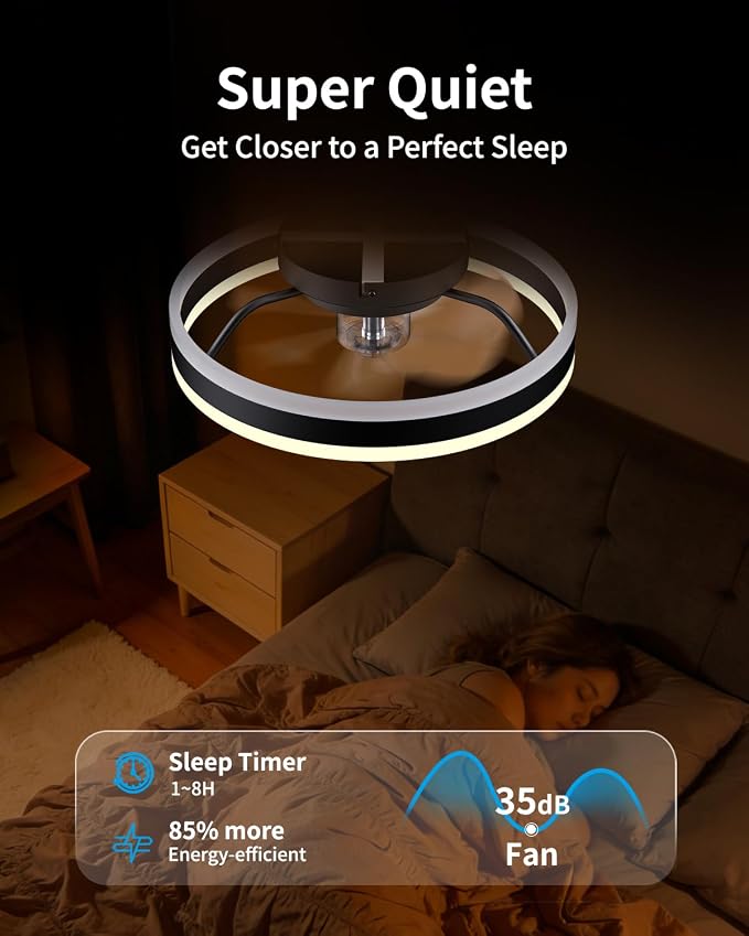 RGB Ceiling Fan with Lights, Low Profile Ceiling Fans with Lights and Remote, Flush Mount LED Fan Light, Modern Bladeless Fandelier for Bedroom Works with APP, 16IN Black