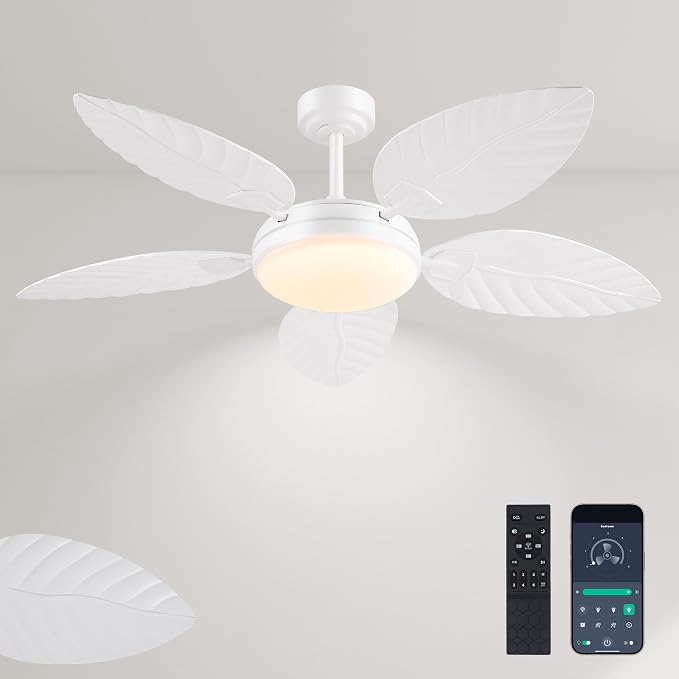 GJeg Tropical Ceiling Fans with Lights and Remote,52Inch Outdoor Palm Leaf Ceiling Fan for Patios Porch Bedroom, Dimmable LED Light, 6 Speeds, Reversible, White
