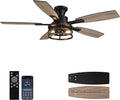 52 Inch Flush Mount Ceiling Fans with Lights and Remote Control, Low Profile Farmhouse Ceiling Fan for Bedroom Living Room and Patio, Black Caged Ceiling Fan for Indoor and Outdoor（No Bulb）