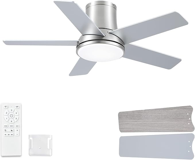 42 Inch Pro Brushed Nickel Flush Mount Ceiling Fans with Lights and Remote | 3CCT Dimmable LED, 6 Speed, Quiet DC Motor, 3-Level Timer Function, Forward/Reserve For all Seasons, Indoor/Covered Outdoor
