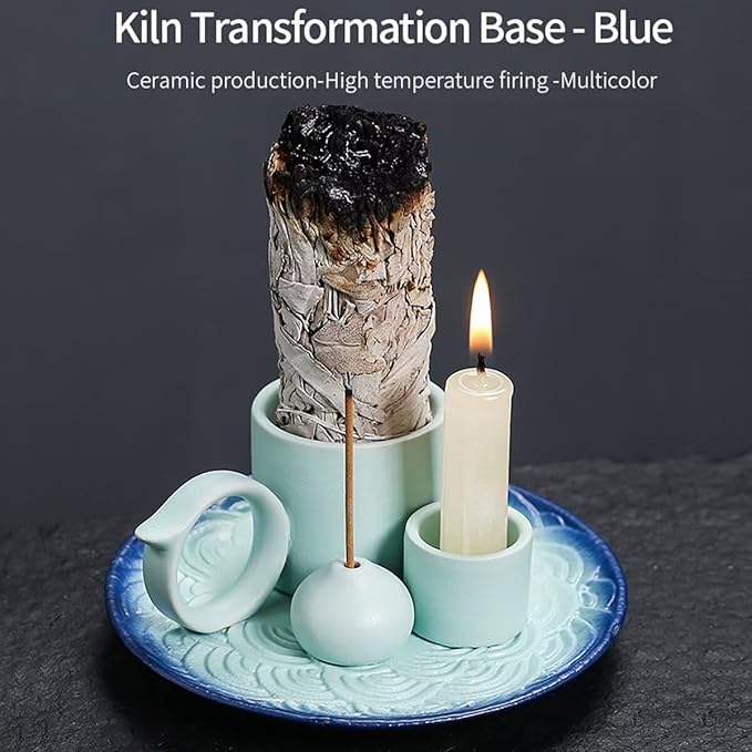 Incense Burner, Sage Palo Santo Candle Sticks Holder for Burning with Ash Catcher Tray, Handmade Ceramic Multi-Use Aromatherapy Tray for Meditation, Yoga, Home Decor (Cyan)