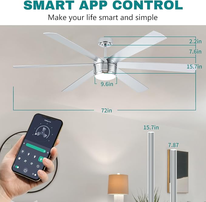 SHOWDI Nickel Ceiling Fans with Lights and Remote, Quick Installation, 72 in