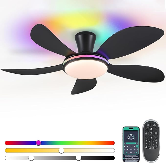 PHORUS 48" Black Modern Low Profile RGB Ceiling Fans with Lights and Remote | 13 RGB Modes,Supports Remote and APP,6 Wind Speeds, Reversible, Dimmable 3 CCT LED, 30W DC Motor,Suits for Bedroom Kidsroom