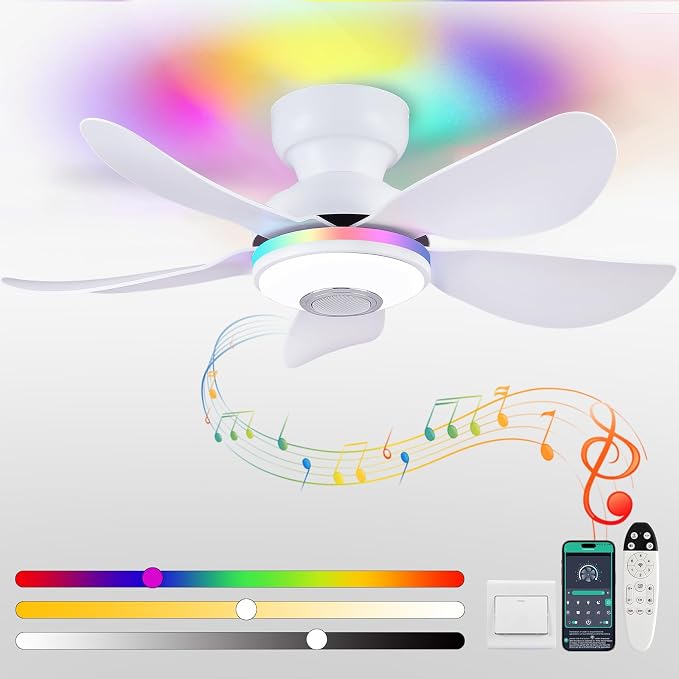 Kviflon 36 Inch White Ceiling Fan with Light, 5 Blades Flush Mount Fan with RGB & 3 CCT Dimmable Light, APP & Remote Control, Built-in Speaker, Reversible, 6 Speeds for Bedroom Living Room