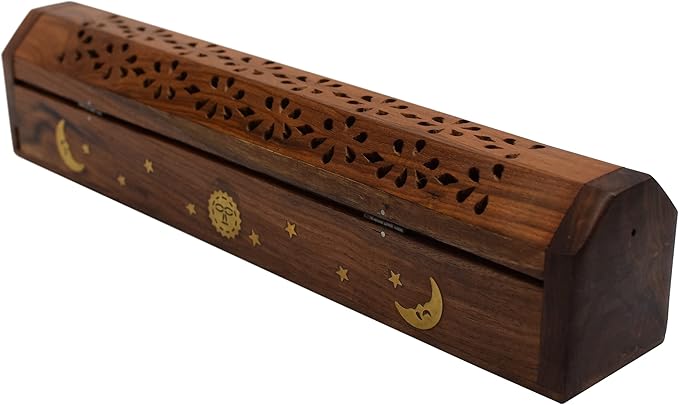Coffin Style Wood Incense Burner Holder with Sun and Moon Inlays for Incense Sticks and Cones
