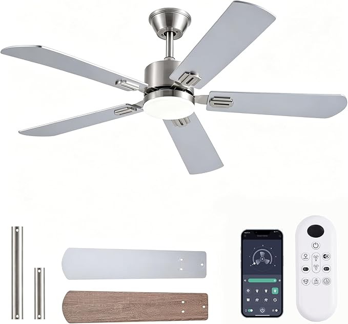 FUMLTP 52inch Ceiling Fans with Lights and Remote/App Control, Double-Side Blades, Dimmable LED, Reversible DC Motor, Noiseless, Modern Low Profile Ceiling Fan for Indoor/Outdoor Use (Nickel)