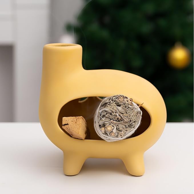 MOUGIGI Elegant Handcrafted Ceramic Palo Santo Burner-Yellow Terracotta Footed Incense Holder for Meditation,Compatible with Wood Sticks,Sage,Ash&Cones-Mini Aromatic Home Altar with Chimney Design