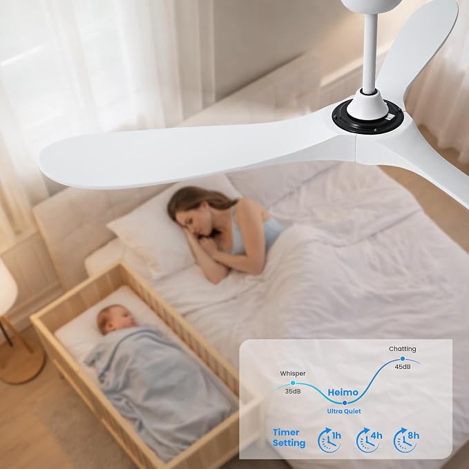 heimo 52 Inch White Ceiling Fan with Light and Remote, Wood Outdoor Ceiling Fans with Lights Dimmable for Bedroom Living Room Patios Kitchen Modern 3 Blade Propeller Indoor Fan