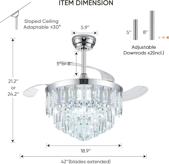 TXCSLY 42" Fandelier Ceiling Fan with Light, Crystal Chandelier Fan with Retractable Blades Dimmable Crystal Ceiling Fan Chandelier for Bedroom Living Room Dining Room-Chrome