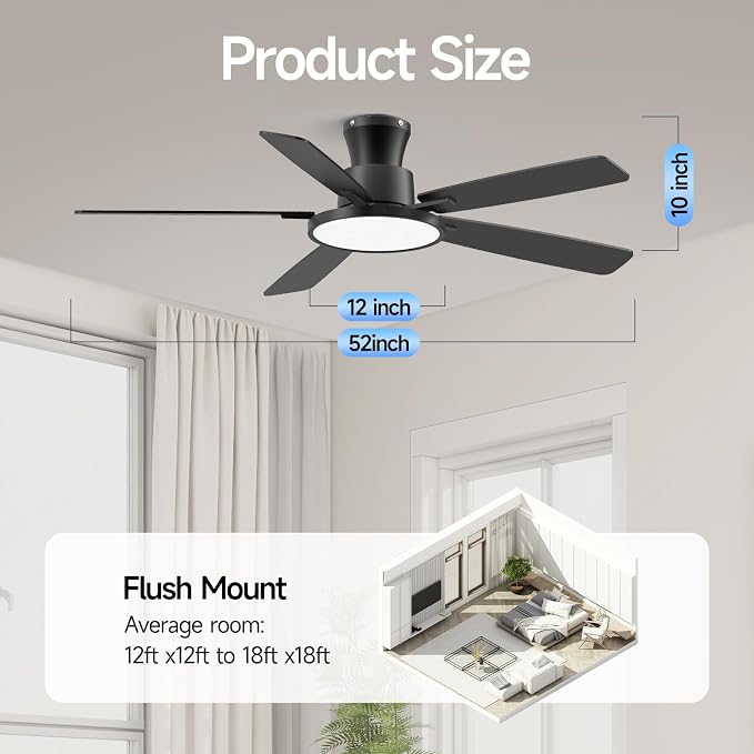 Ceiling Fans With Lights,52 Inch Smart Ceiling Fan, Remote/App Control, Compatible with Alexa/Google Assistant,Reversible,Dimmable,Adjustable Color Temperature,6 Speeds,Timer(Black)