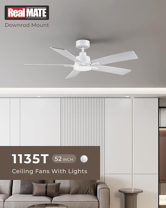 52 Inch White Downrod Ceiling Fans with Lights and Remote | 3CCT Dimmable LED, 6 Speed, Quiet DC Motor, 3-Level Timer Function, Forward/Reserve For all Seasons, Indoor/Covered Outdoor